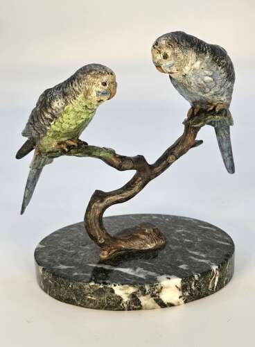 A pair of Austrian bronze cold painted budgerigars circa 1920