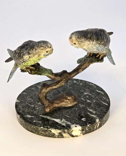 A pair of Austrian bronze cold painted budgerigars circa 1920