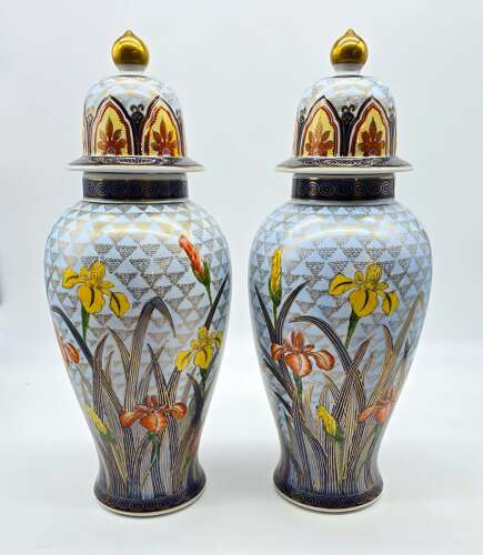 A large pair of Japanese painted porcelain ginger jars C 1920