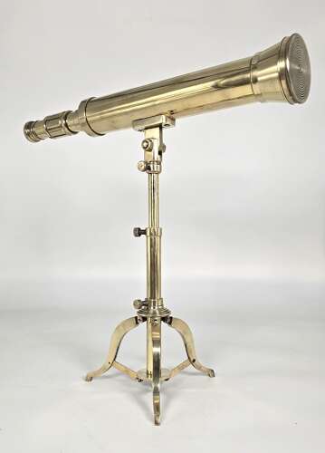 A rare small mid 19th C brass telescope with an original folding brass tripod stand.