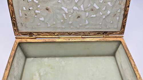 A Chinese carved jade and gilt metal mounted jewellery box circa 1920
