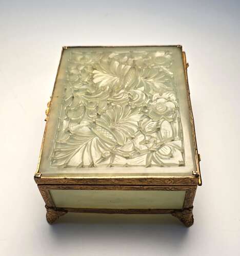 A Chinese carved jade and gilt metal mounted jewellery box circa 1920