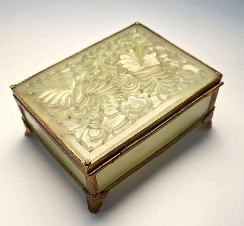 A Chinese carved jade and gilt metal mounted jewellery box circa 1920
