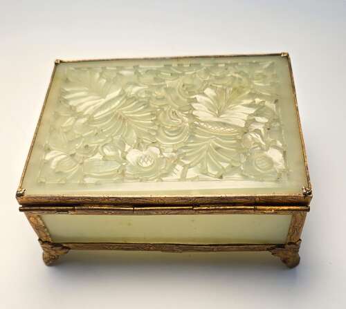 A Chinese carved jade and gilt metal mounted jewellery box circa 1920