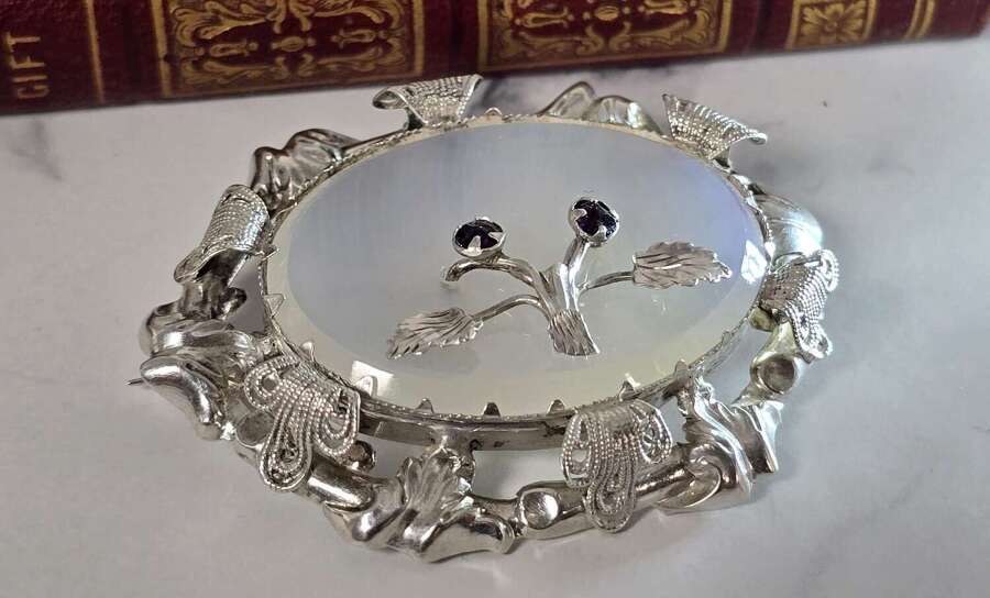 A Victorian silver, chalcedony and amethyst large brooch, circa 1860