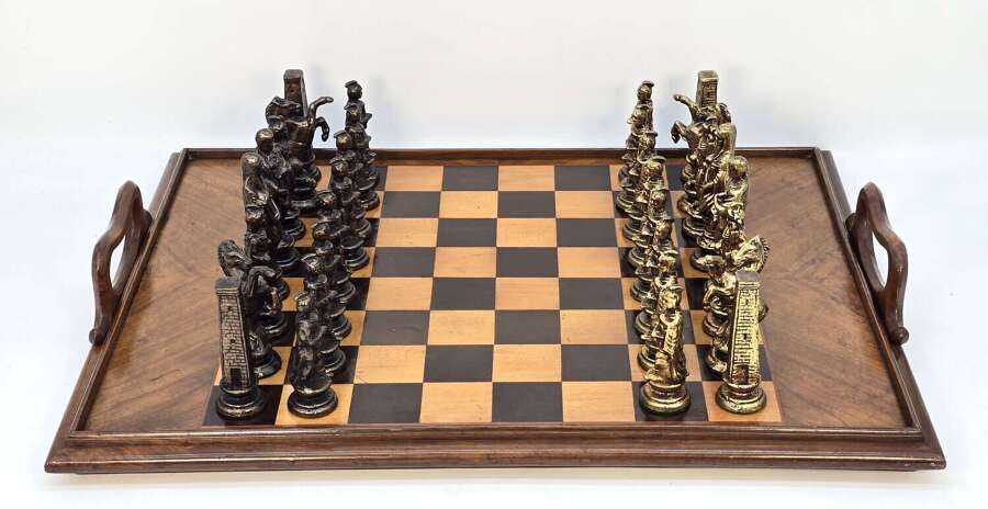 19th century Sorrento ware chess board/marquetry tray with chess pieces, Italian C1880