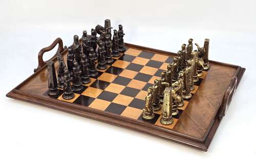 19th century Sorrento ware chess board/marquetry tray with chess pieces, Italian C1880