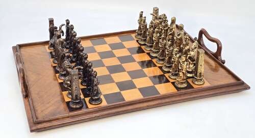 19th century Sorrento ware chess board/marquetry tray with chess pieces, Italian C1880