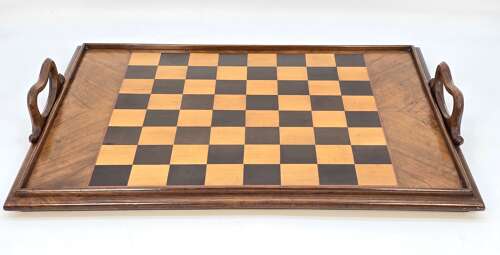 19th century Sorrento ware chess board/marquetry tray with chess pieces, Italian C1880