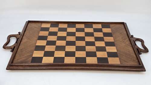 19th century Sorrento ware chess board/marquetry tray with chess pieces, Italian C1880