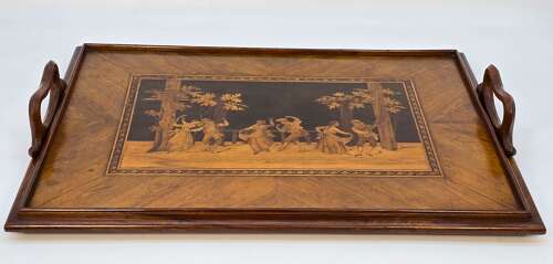 19th century Sorrento ware chess board/marquetry tray with chess pieces, Italian C1880