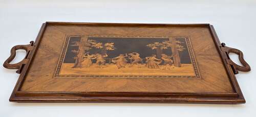 19th century Sorrento ware chess board/marquetry tray with chess pieces, Italian C1880