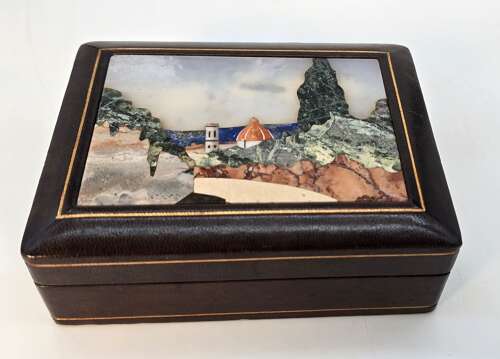 Italian Pietra Dura or Florentine Mosaic leather covered box circa 1930