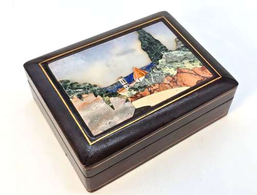 Italian Pietra Dura or Florentine Mosaic leather covered box circa 1930