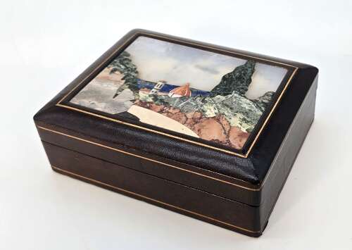 Italian Pietra Dura or Florentine Mosaic leather covered box circa 1930