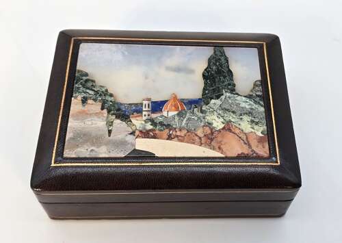 Italian Pietra Dura or Florentine Mosaic leather covered box circa 1930