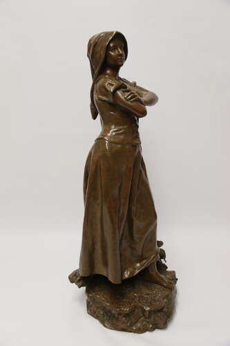 19th century bronze sculpture of a young female gathering hey, circa 1880