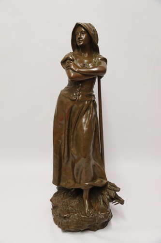 19th century bronze sculpture of a young female gathering hey, circa 1880