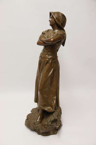 19th century bronze sculpture of a young female gathering hey, circa 1880
