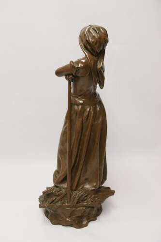 19th century bronze sculpture of a young female gathering hey, circa 1880