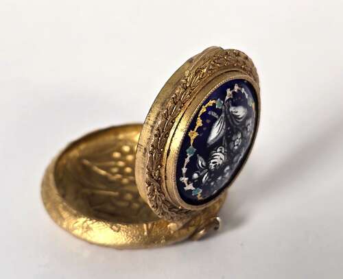 A French mid 19th century ladies gilt and enamel patch box circa 1860