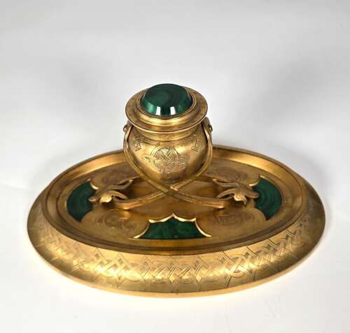 A 19th century English gilt bronze and malachite desk inkstand