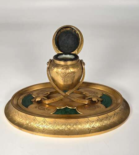 A 19th century English gilt bronze and malachite desk inkstand