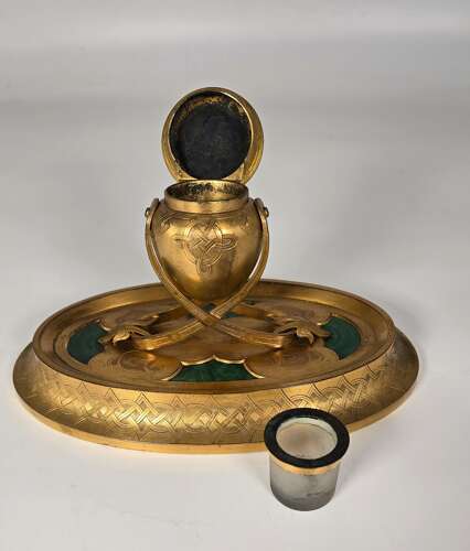 A 19th century English gilt bronze and malachite desk inkstand
