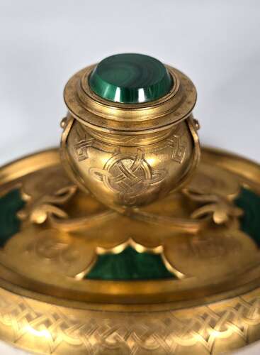 A 19th century English gilt bronze and malachite desk inkstand