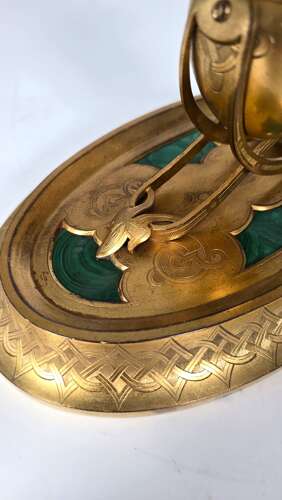 A 19th century English gilt bronze and malachite desk inkstand