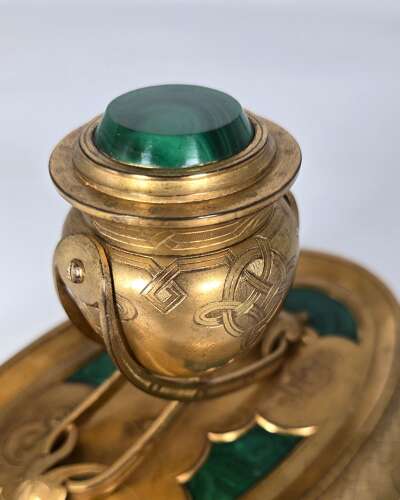 A 19th century English gilt bronze and malachite desk inkstand