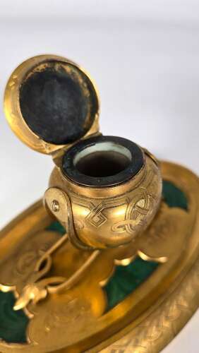 A 19th century English gilt bronze and malachite desk inkstand