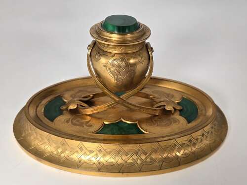A 19th century English gilt bronze and malachite desk inkstand