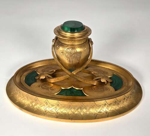 A 19th century English gilt bronze and malachite desk inkstand