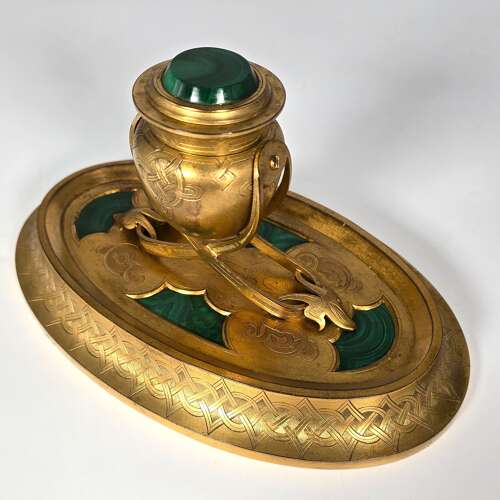 A 19th century English gilt bronze and malachite desk inkstand