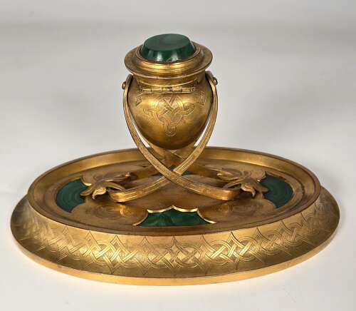 A 19th century English gilt bronze and malachite desk inkstand
