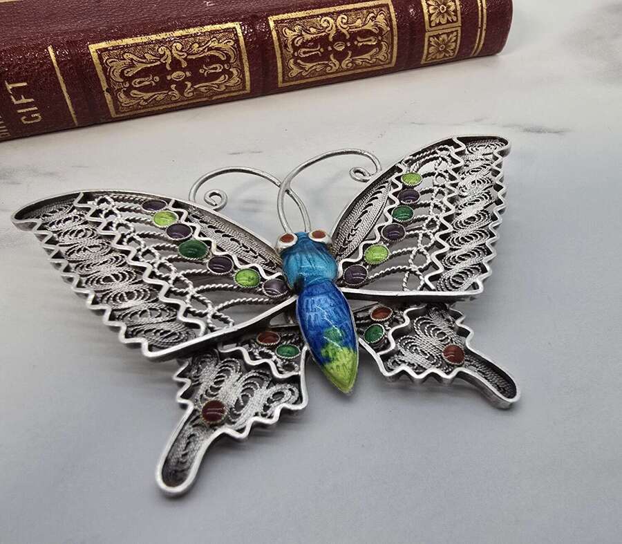 A large Chinese silver filigree and enamel butterfly brooch circa 1930