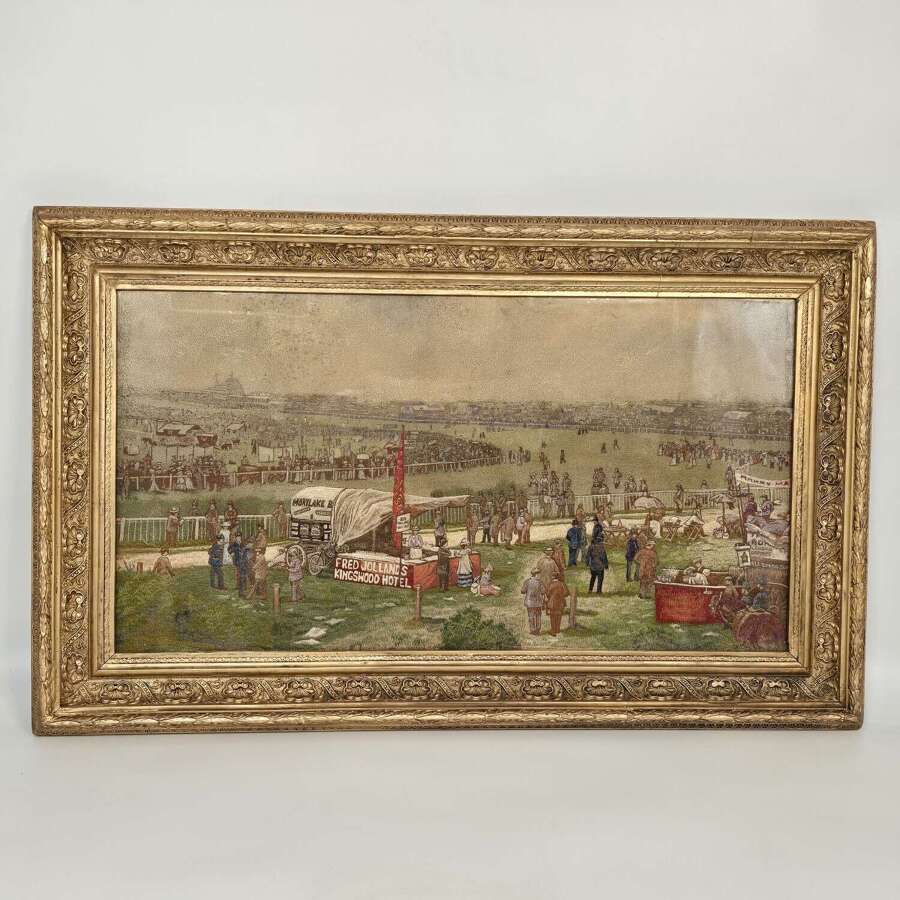 English silk needlework depicting Epsom Park Horse Racing Track circa 1900