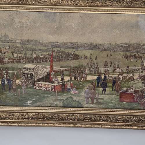 English silk needlework depicting Epsom Park Horse Racing Track circa 1900