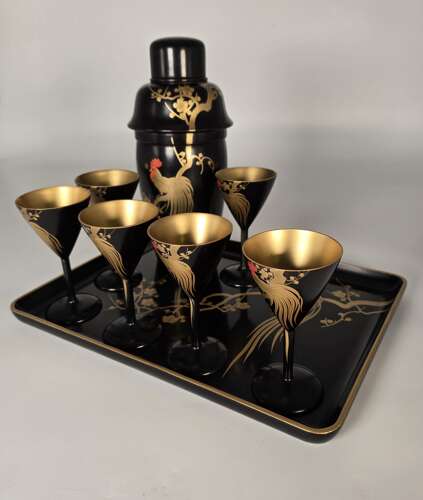 A rare Japanese hand painted lacquer cocktail set, circa1920