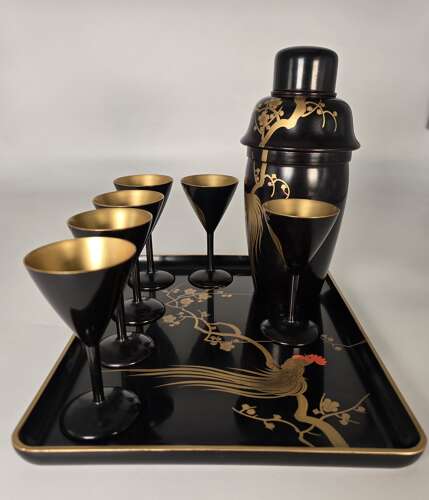 A rare Japanese hand painted lacquer cocktail set, circa1920