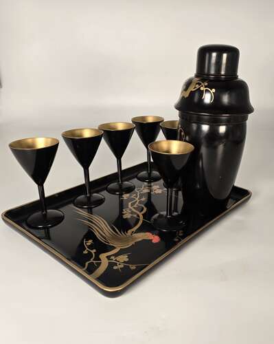A rare Japanese hand painted lacquer cocktail set, circa1920