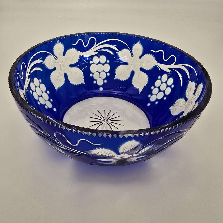A large antique Bohemian cobalt blue and clear glass bowl circa 1880