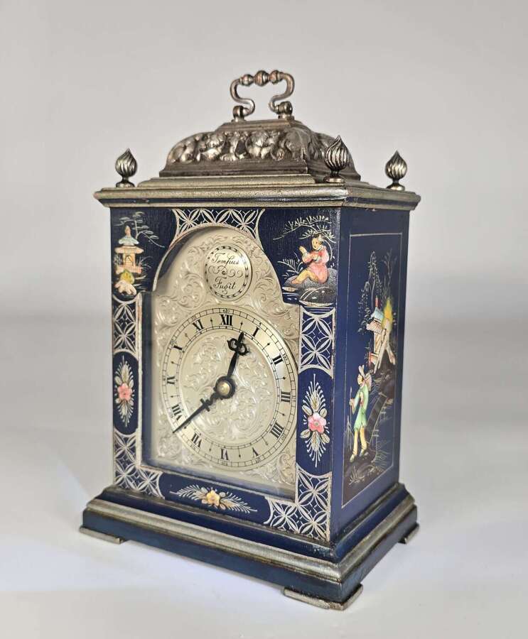 A rare miniature blue lacquer and chinoiserie bracket clock