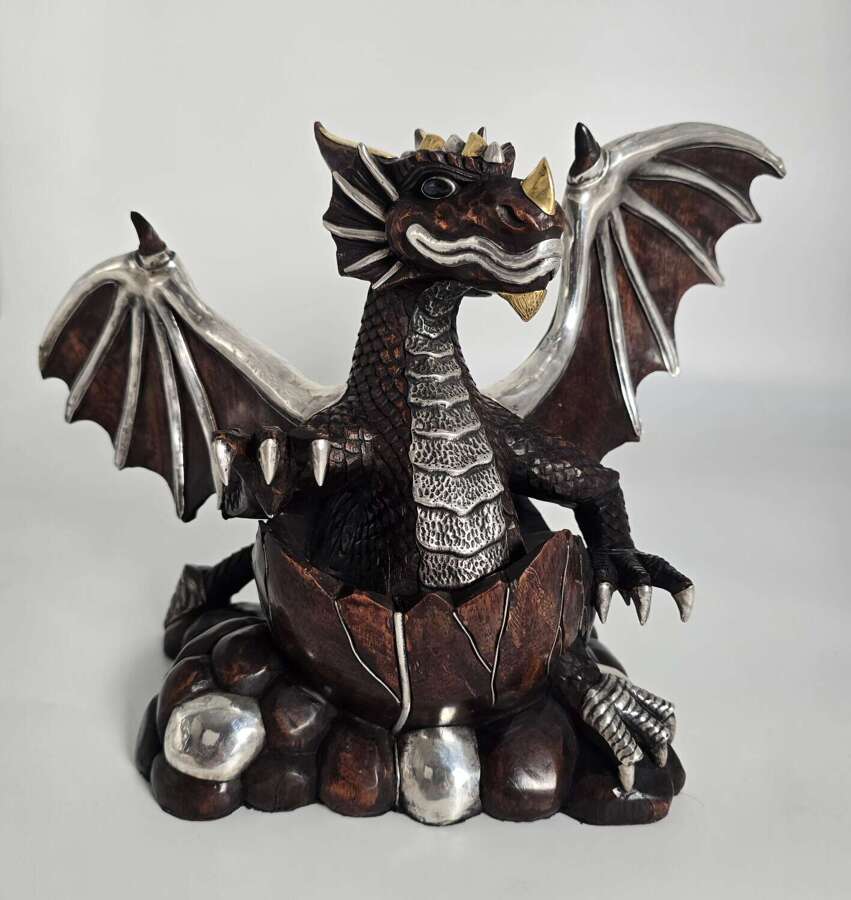 Chinese Hardwood Carving of a Dragon Emerging from an Egg, Circa 1930