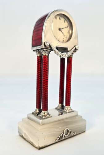 Georg Adam Scheid silver and enamel miniature portico desk clock, Vienna, c.1900