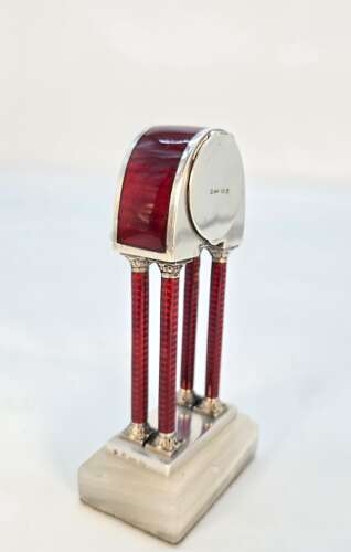 Georg Adam Scheid silver and enamel miniature portico desk clock, Vienna, c.1900