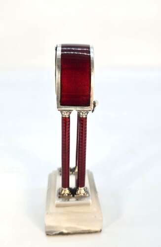 Georg Adam Scheid silver and enamel miniature portico desk clock, Vienna, c.1900