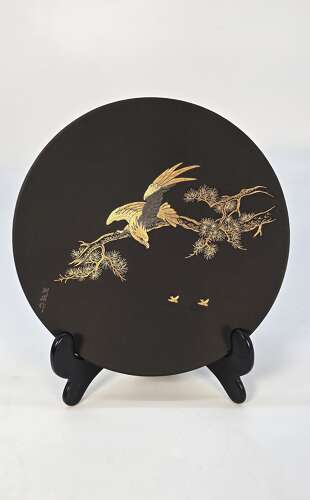 Japanese patinated iron plaque with gold & silver Inlay, Circa 1920