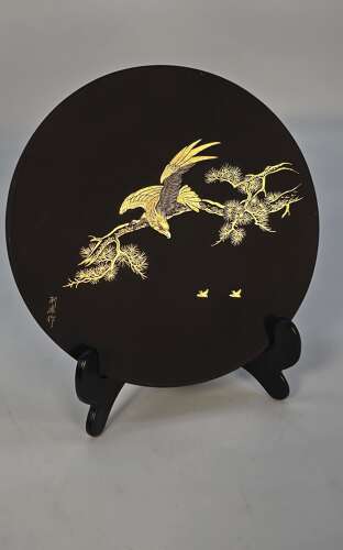 Japanese patinated iron plaque with gold & silver Inlay, Circa 1920